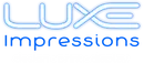 LUXE Impressions logo in neon blue text with modern rounded font on transparent background.