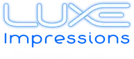 LUXE Impressions logo in neon blue text with modern rounded font on transparent background.