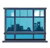 a blue graphic window with city view